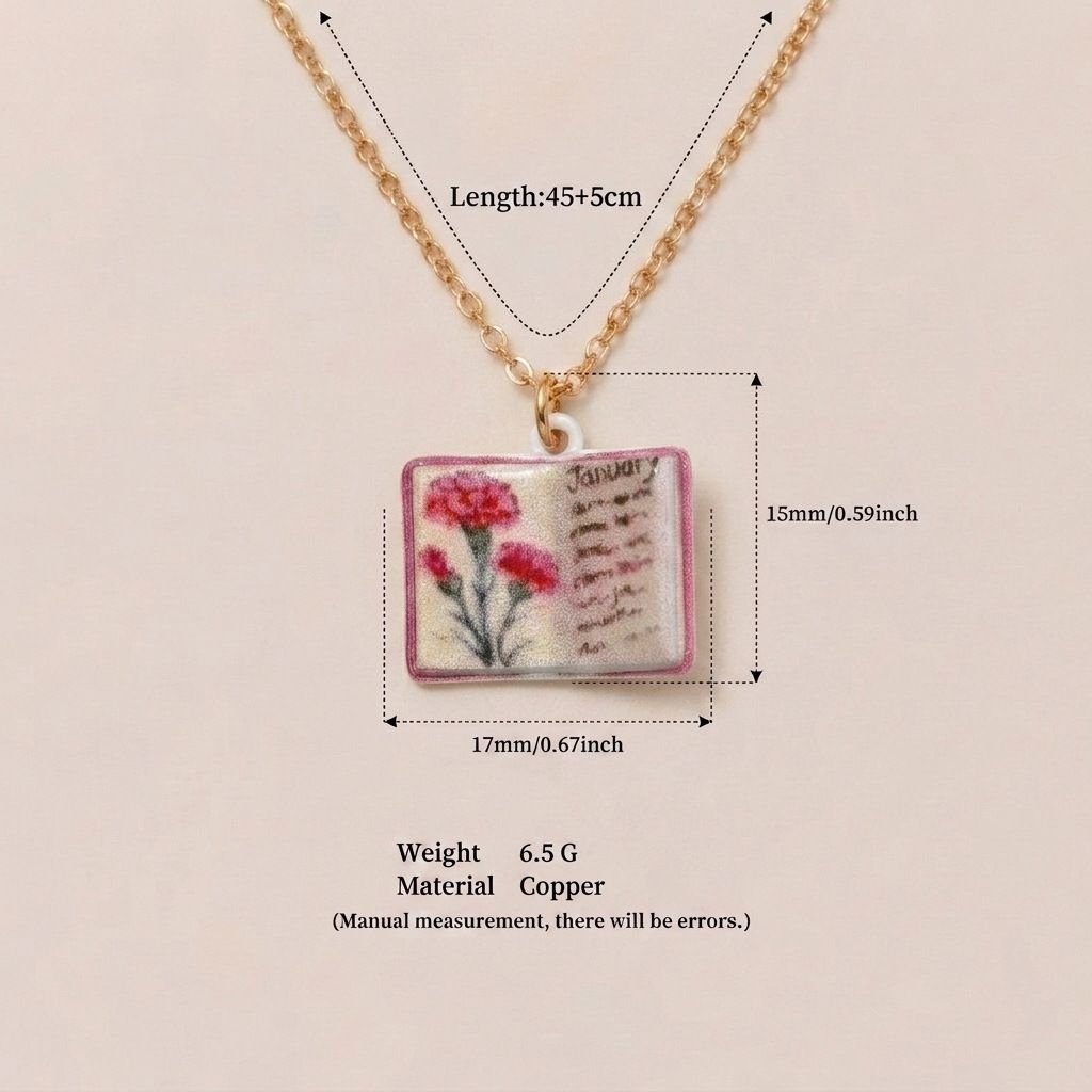 Vintage-style book necklace with January birthday flowers view 4