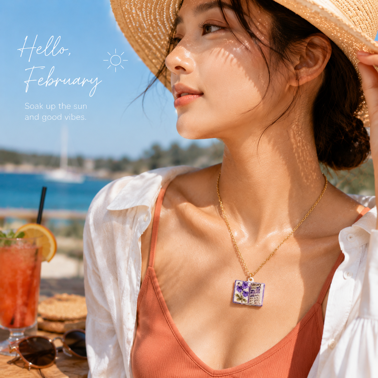 Vintage-style book necklace with February birthday flowers view 2