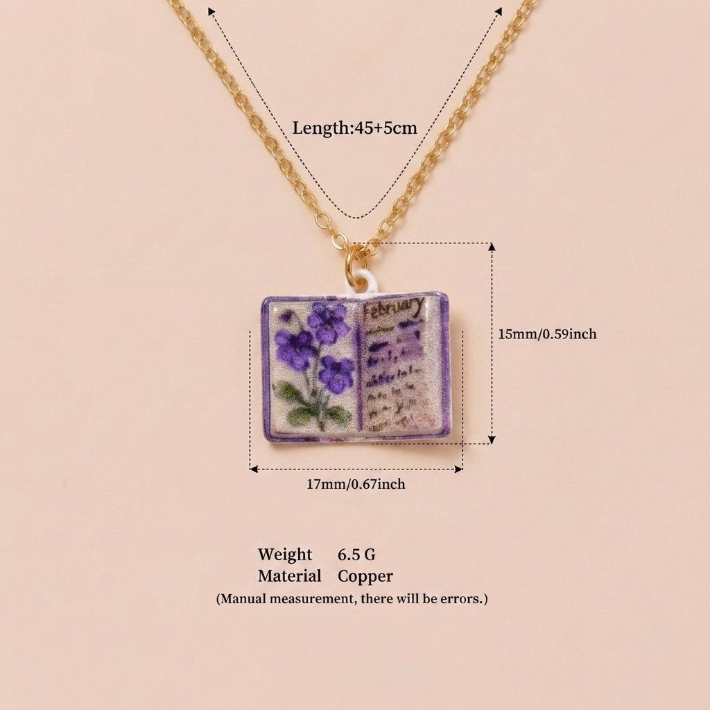 Vintage-style book necklace with February birthday flowers view 4