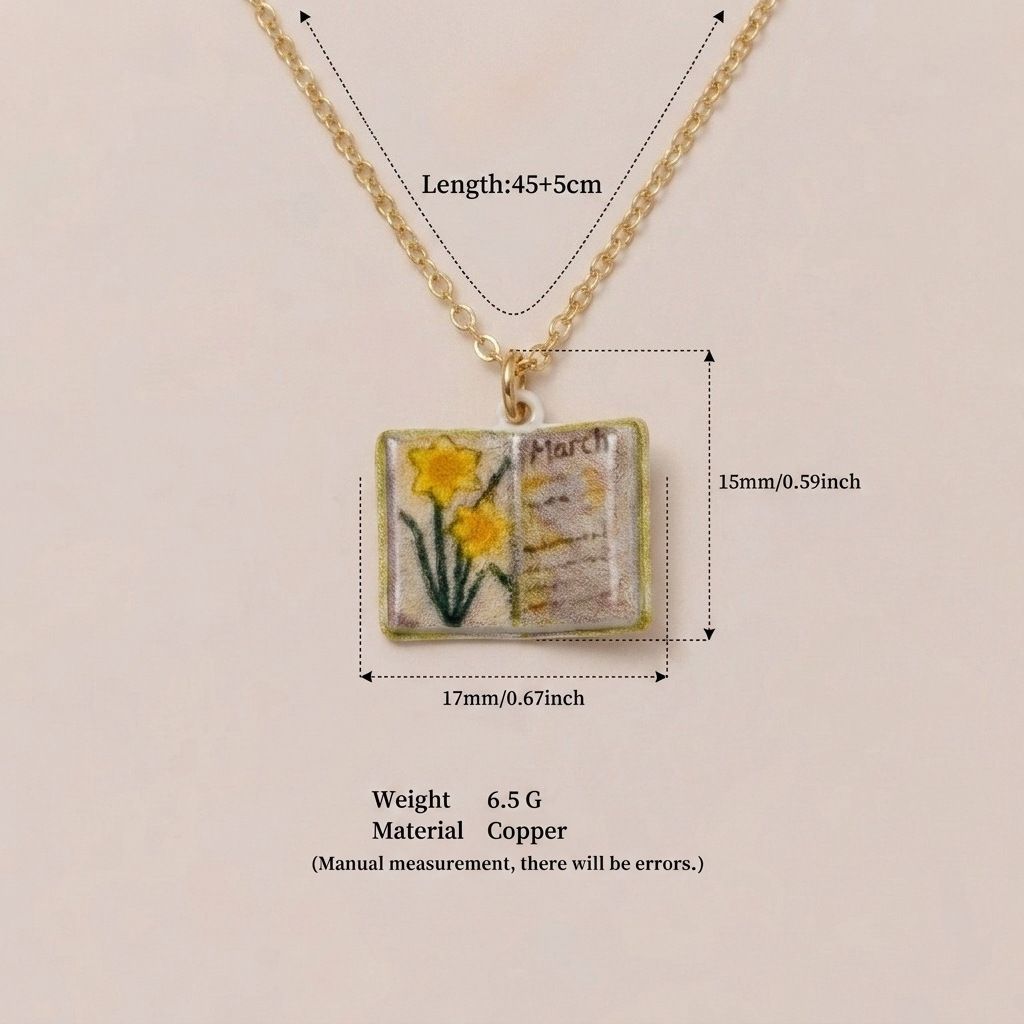 Vintage-style book necklace with March birthday flowers view 4