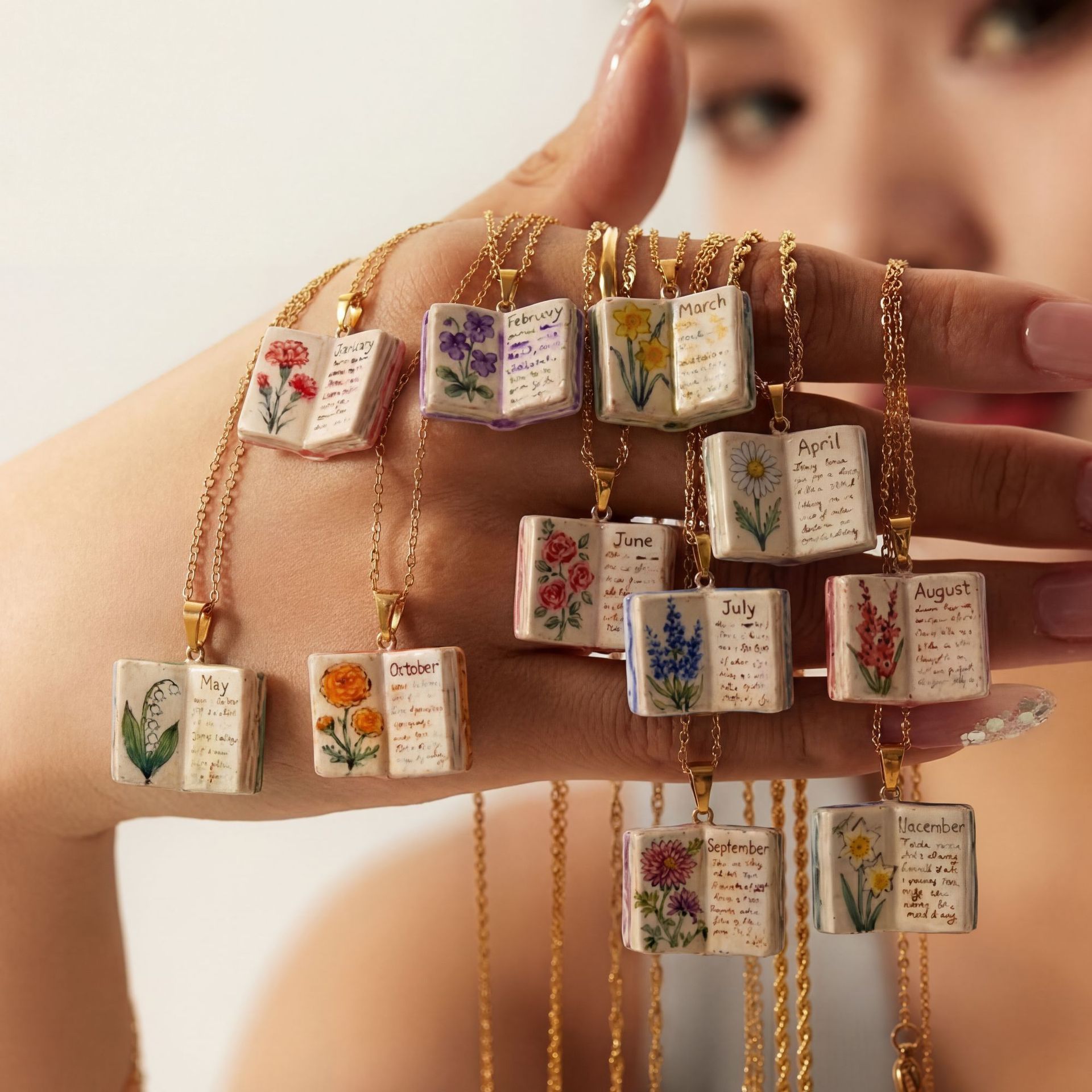 Vintage-style book necklace with March birthday flowers view 5