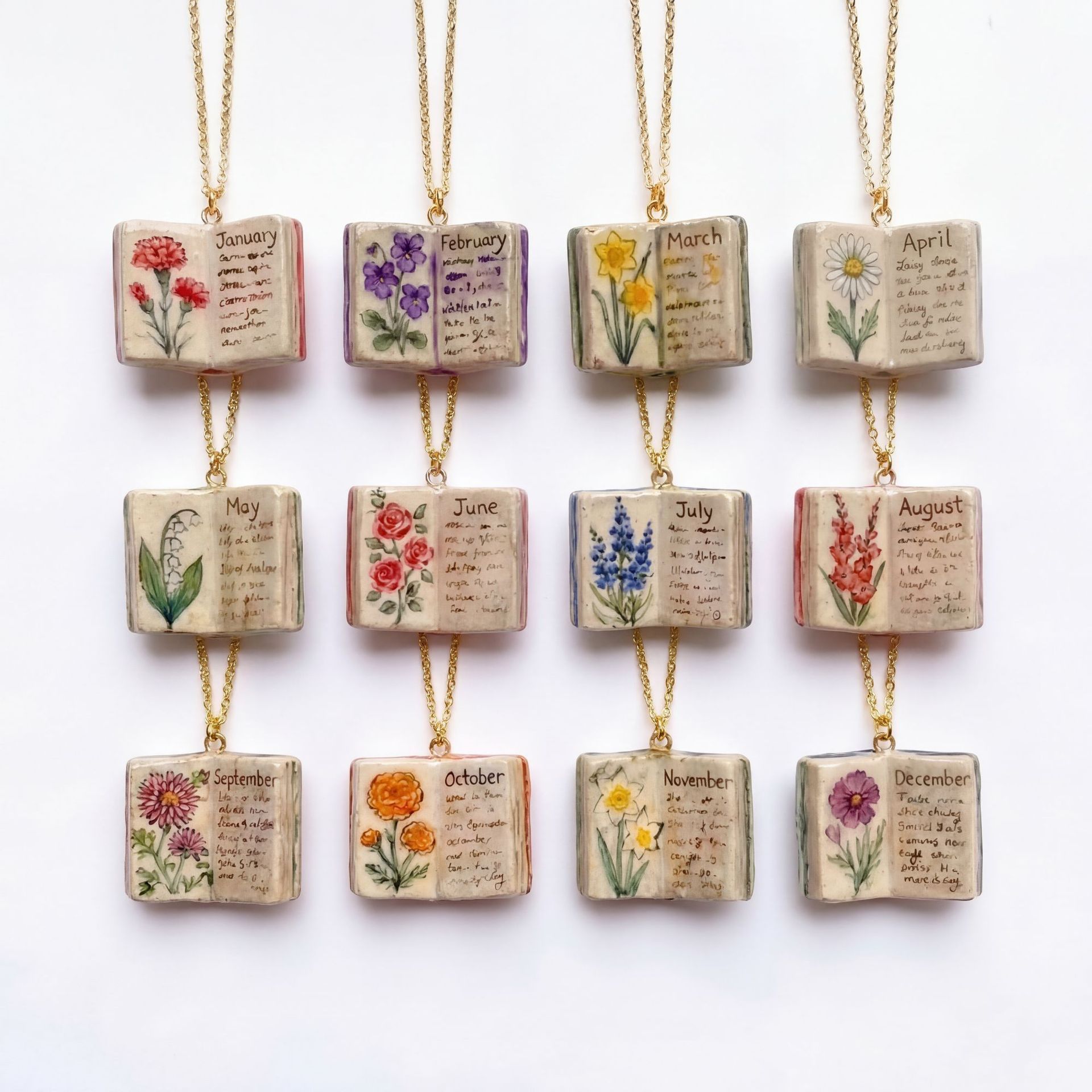 Vintage-style book necklace with March birthday flowers view 7