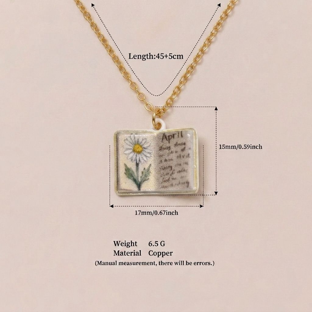 Vintage-style book necklace with April birthday flowers view 4