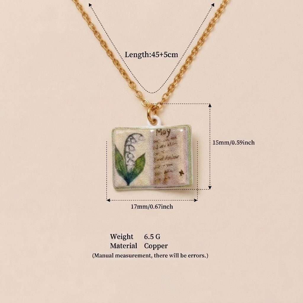 Vintage-style book necklace with May birthday flowers view 4