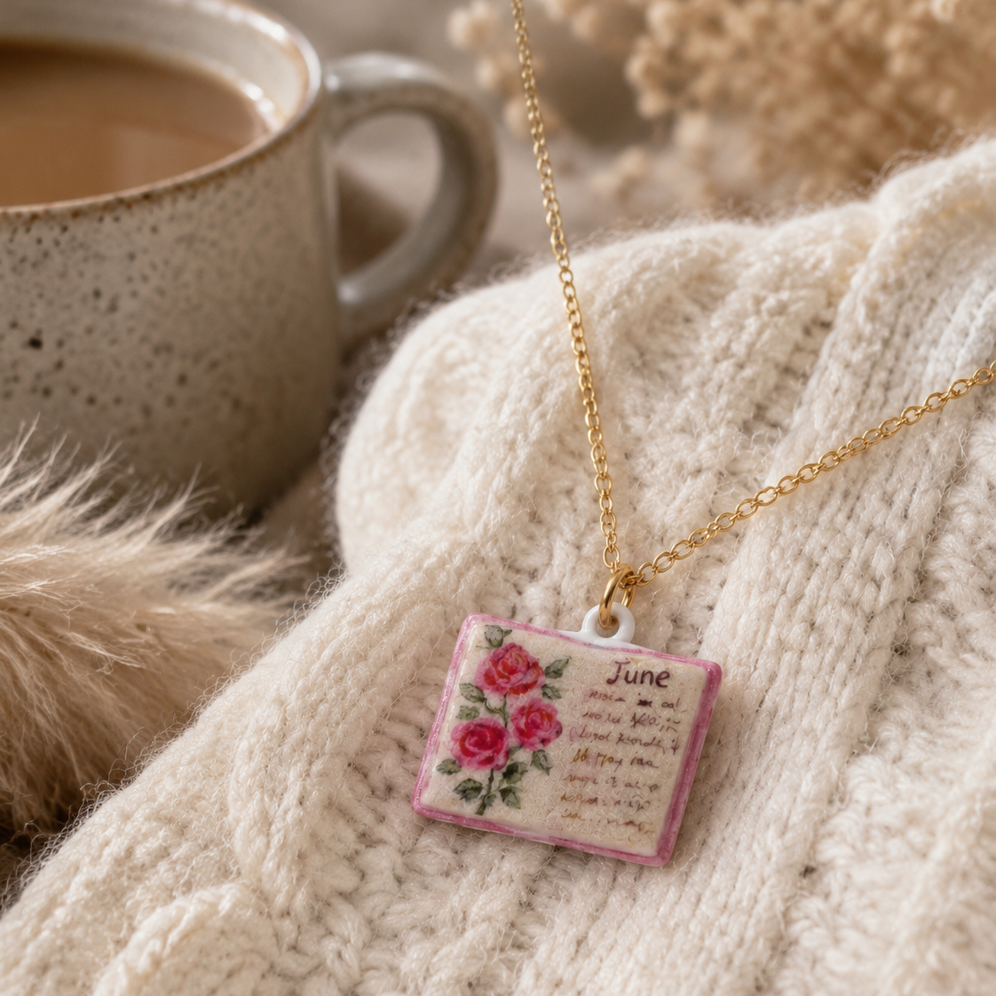 Vintage-style book necklace with June birthday flowers view 2