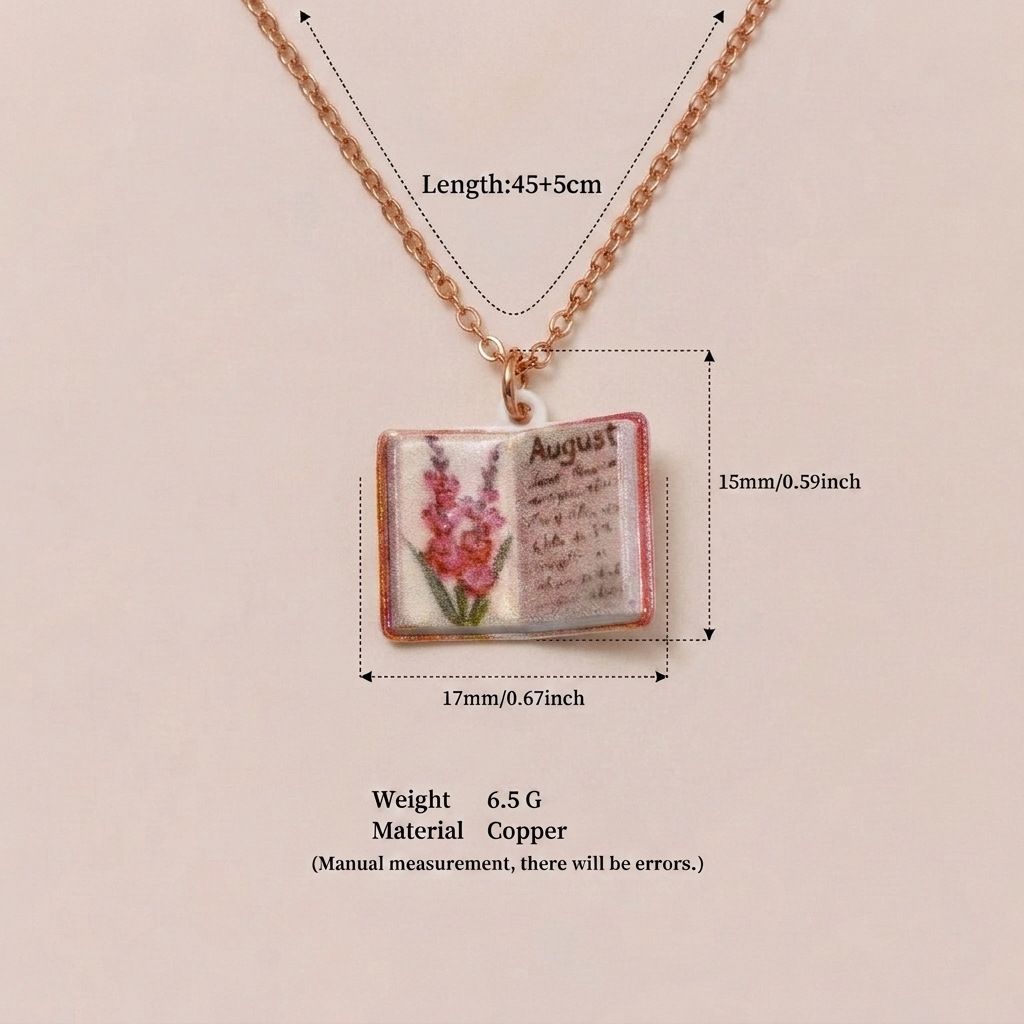 Vintage-style book necklace with August birthday flowers view 3
