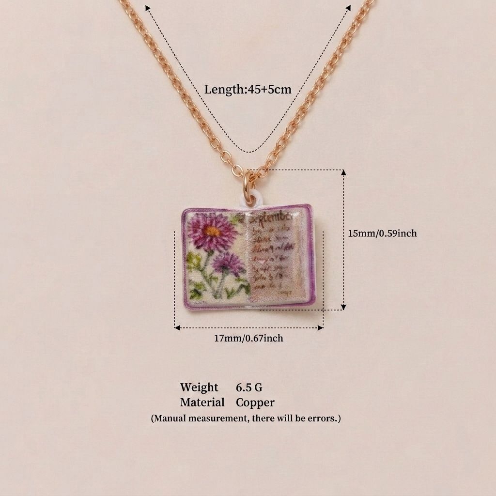 Vintage-style book necklace with September birthday flowers view 3