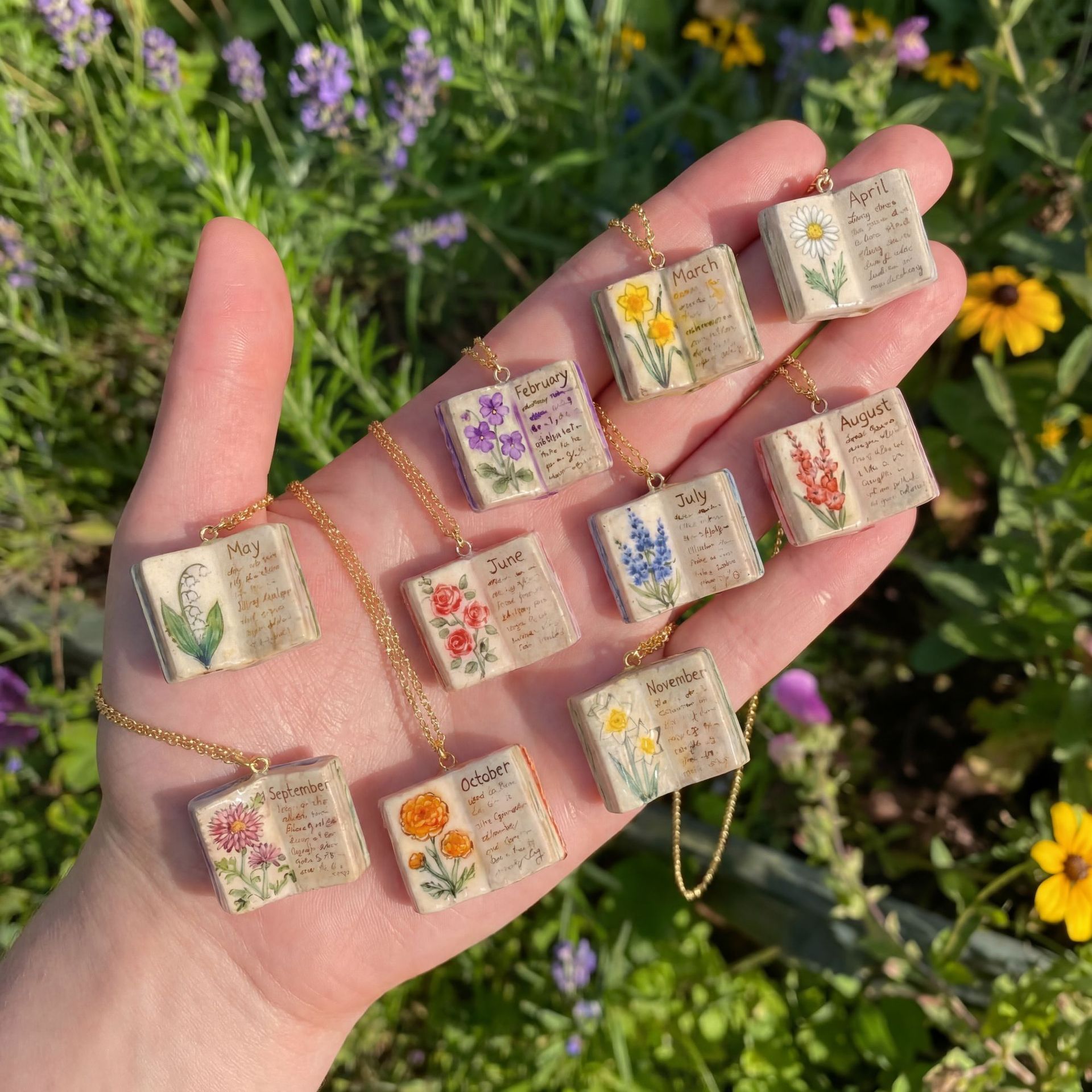 Vintage-style book necklace with November birthday flowers view 5