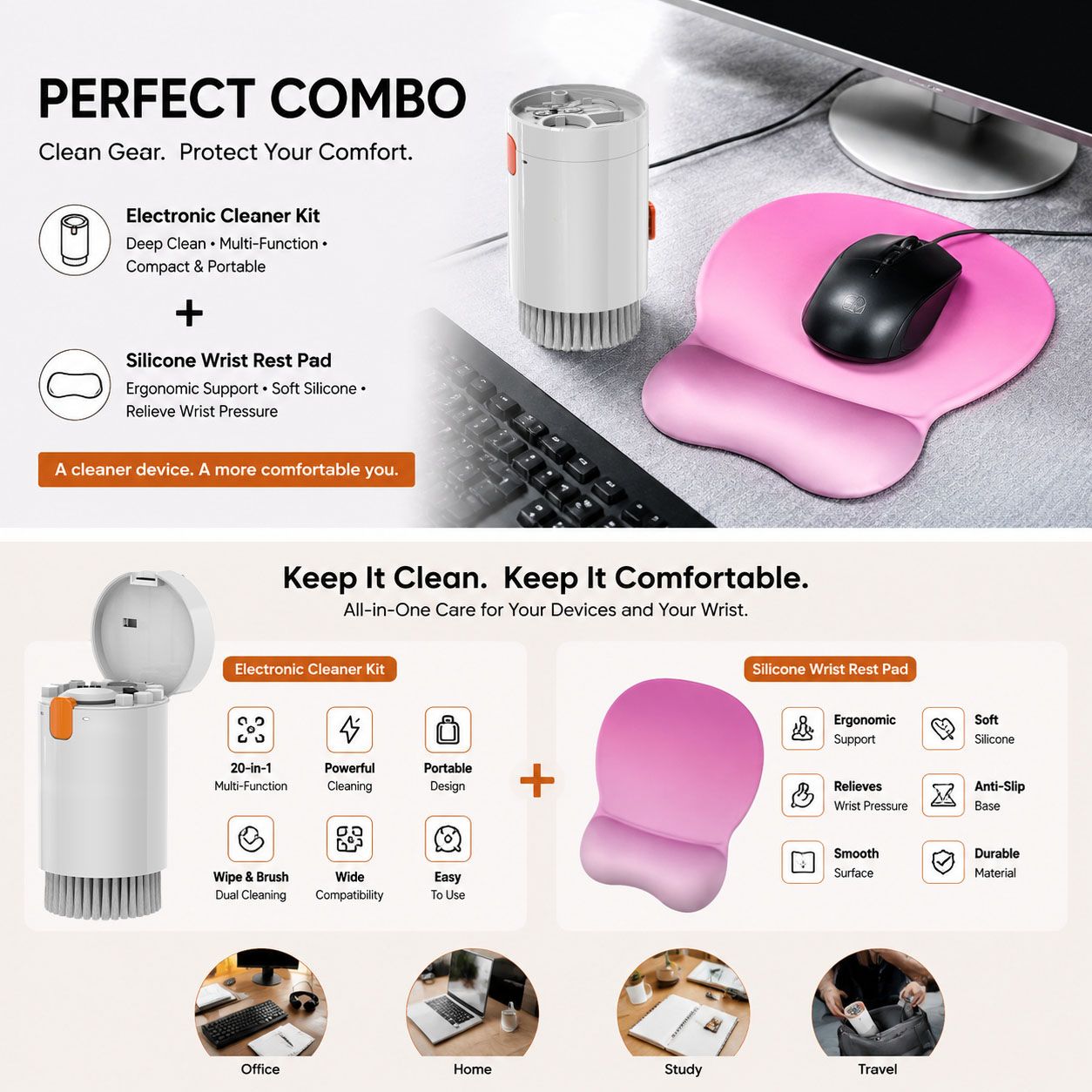 Gradient Pinkish White silicone wrist rest with 20-in-1 electronics cleaning — image 1