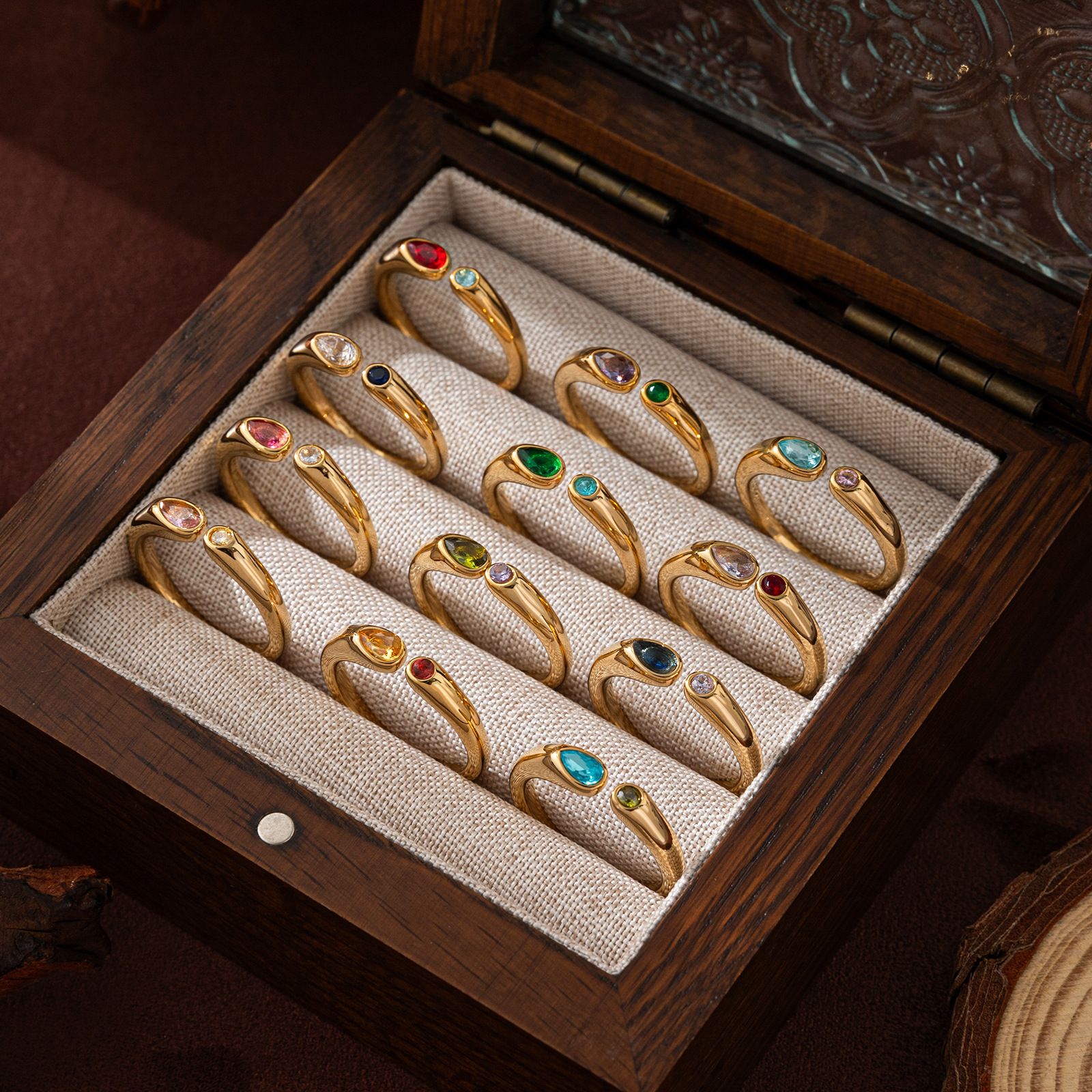 Adjustable Birthstone(March) Open Ring Set 18K Gold Plated Stainless Steel view 7