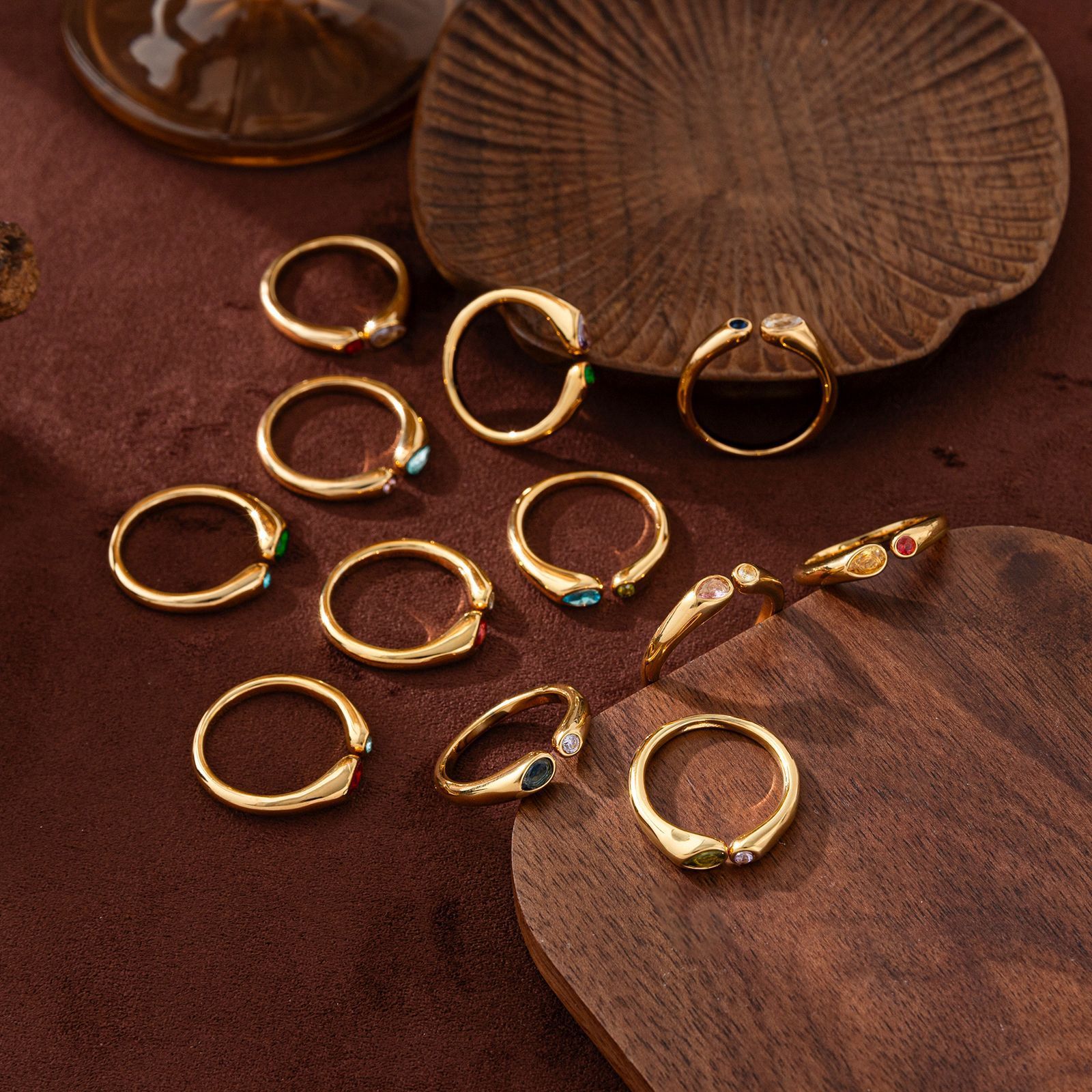 Adjustable Birthstone(March) Open Ring Set 18K Gold Plated Stainless Steel view 8