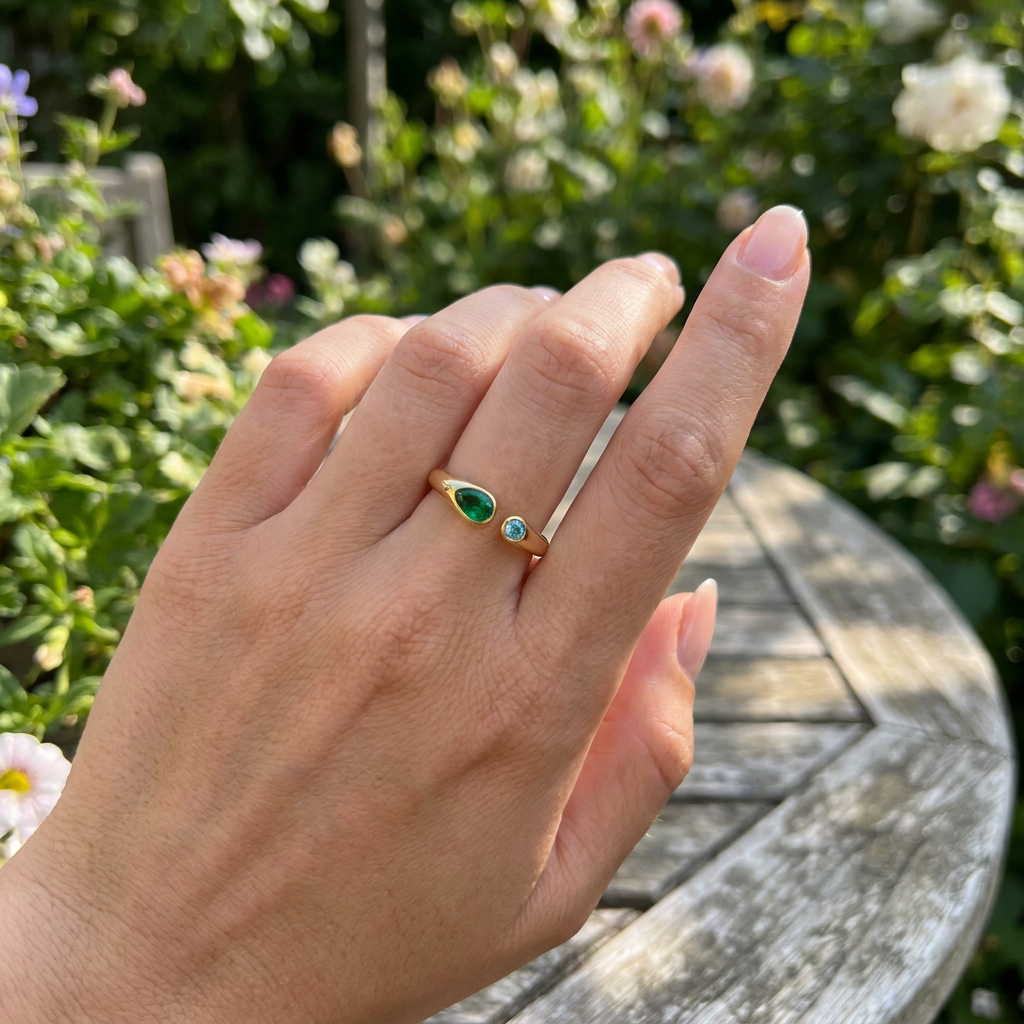 Adjustable Birthstone(May) Open Ring Set 18K Gold Plated Stainless Steel view 3
