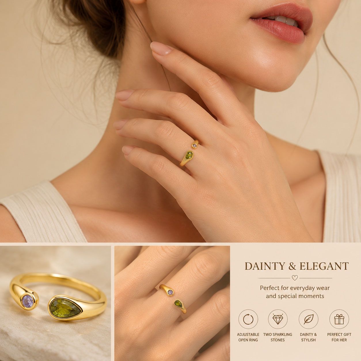 Adjustable Birthstone(August) Open Ring Set 18K Gold Plated Stainless Steel view 2