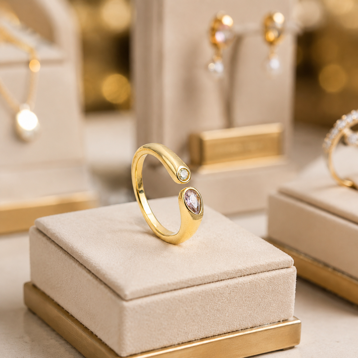 Adjustable Birthstone(October) Open Ring Set 18K Gold Plated Stainless Steel view 3