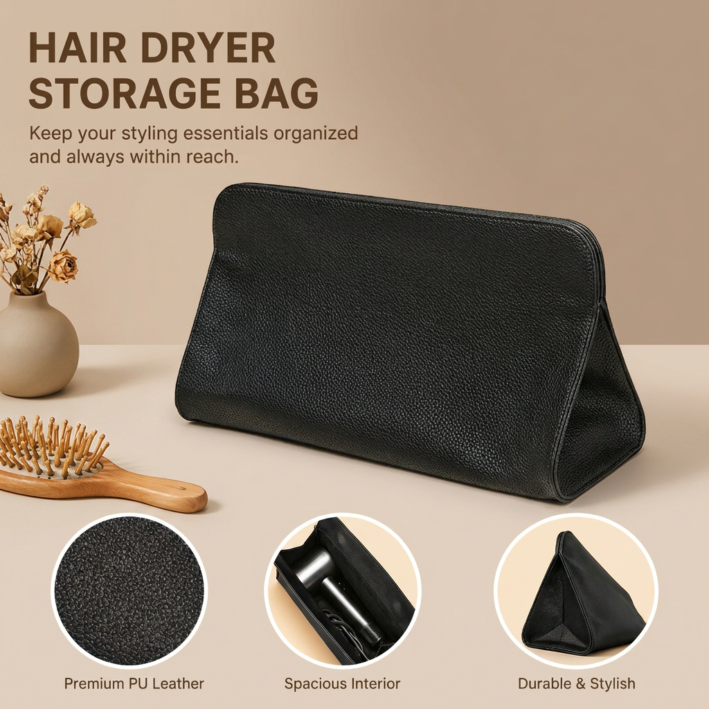 Black Hair Dryer Storage Bag - Faux Leather Travel Organizer with Magnetic Closure