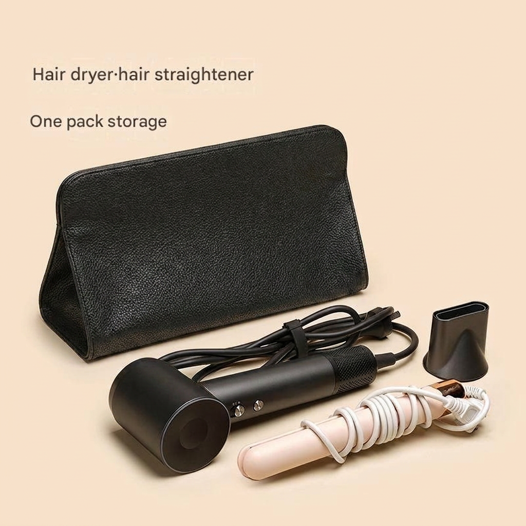 Black Hair Dryer Storage Bag - Faux Leather Travel Organizer with Magnetic Closure view 2