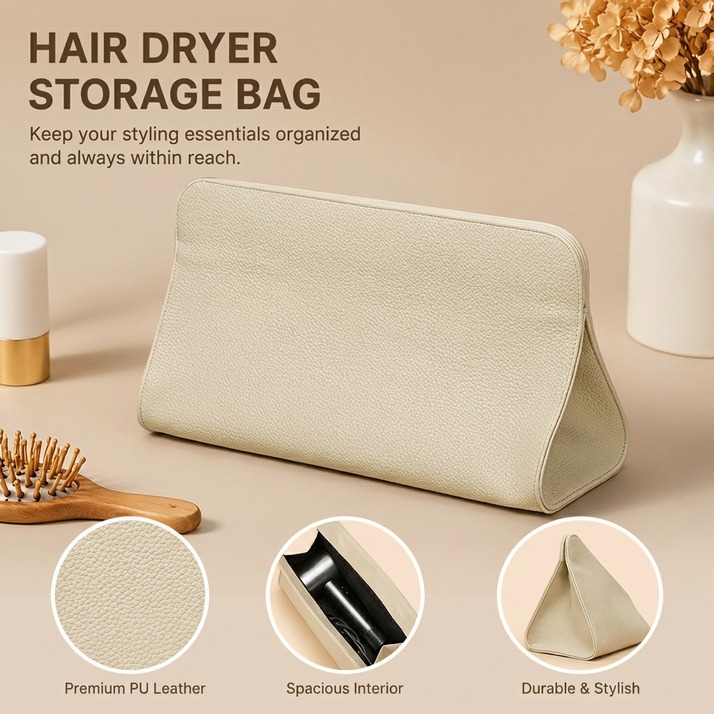 Beige Hair Dryer Storage Bag - Faux Leather Travel Organizer with Magnetic Closure