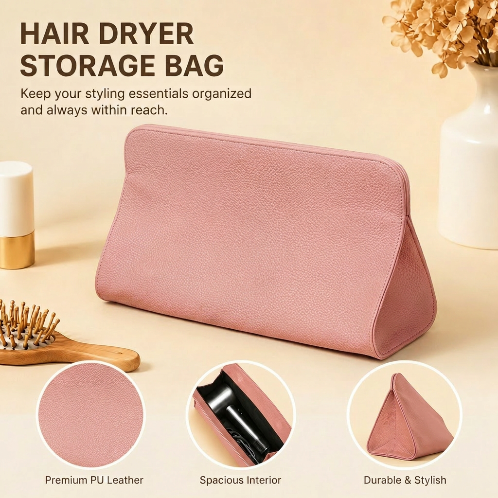 Pink Hair Dryer Storage Bag - Faux Leather Travel Organizer with Magnetic Closure