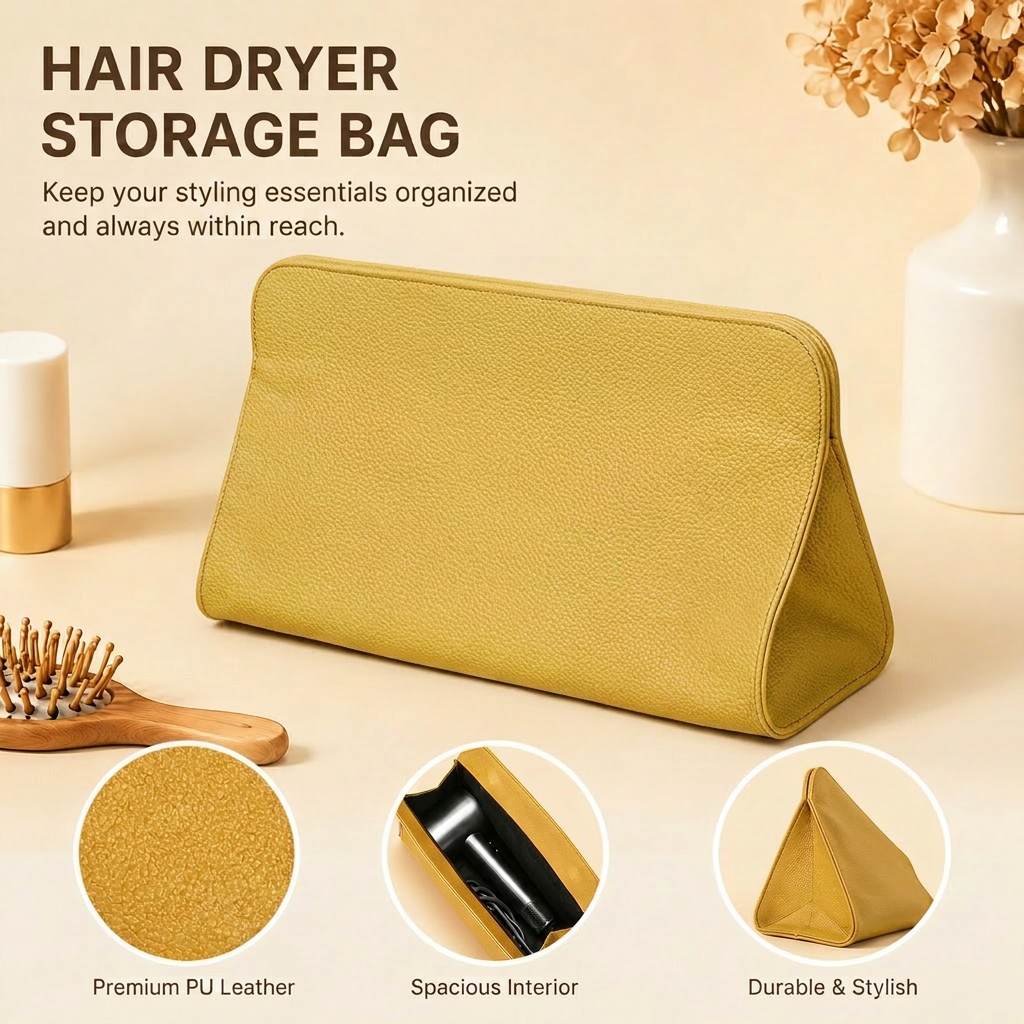 Yellow Hair Dryer Storage Bag - Faux Leather Travel Organizer with Magnetic