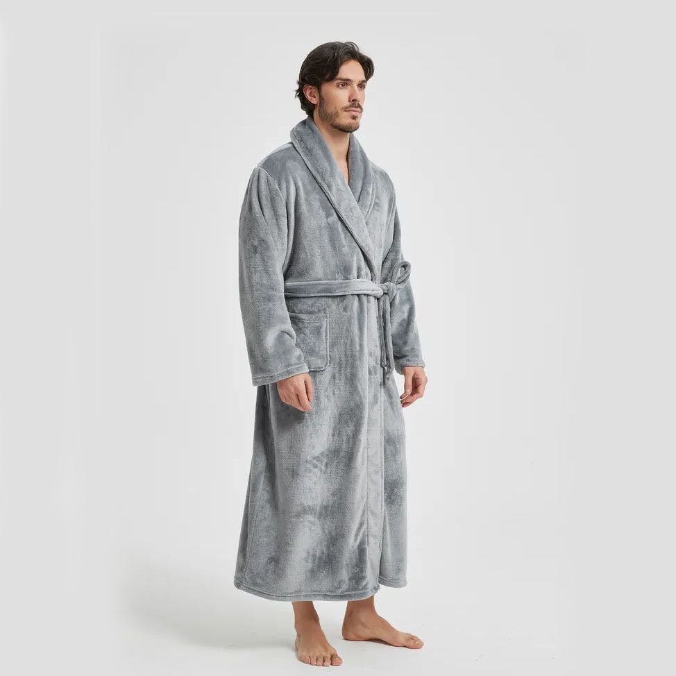 Men's Flannel Bathrobe Grey L Size - Soft Coral Fleece Hooded Kimono Collar view 5