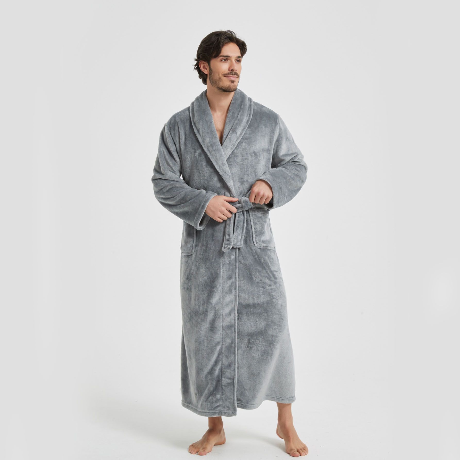 Men's Flannel Bathrobe Grey XL Size - Soft Coral Fleece Hooded Kimono Collar view 2