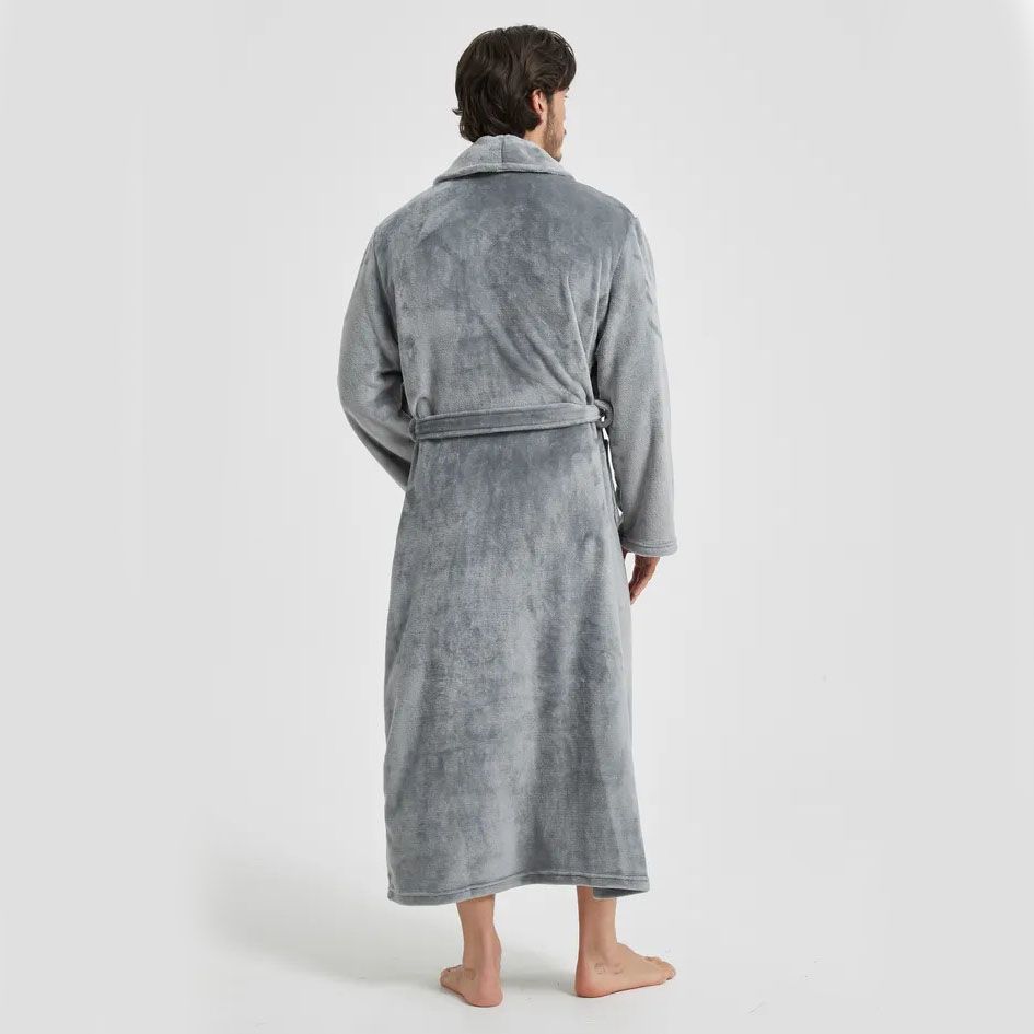 Men's Flannel Bathrobe Grey XL Size - Soft Coral Fleece Hooded Kimono Collar view 3