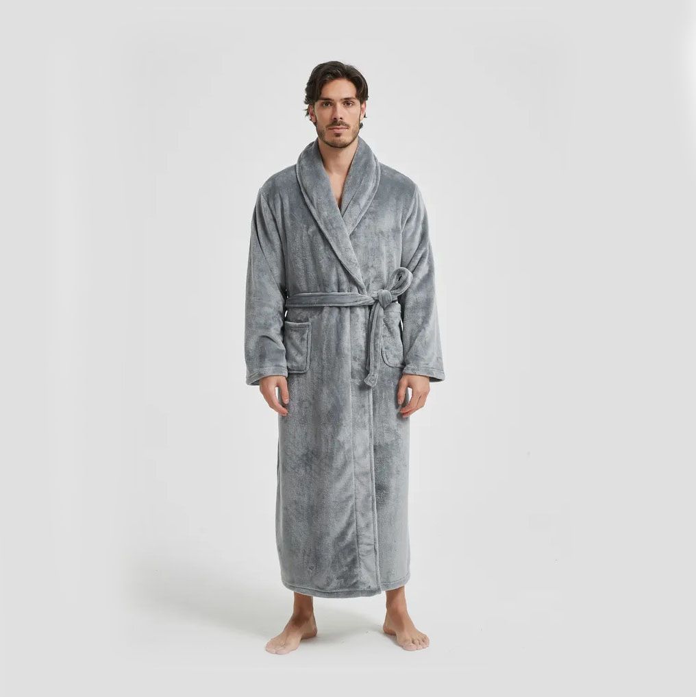 Men's Flannel Bathrobe Grey XXL Size - Soft Coral Fleece Hooded Kimono Collar view 4