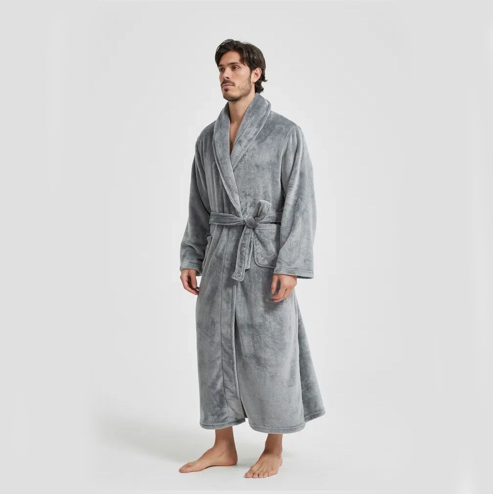 Men's Flannel Bathrobe Grey XXL Size - Soft Coral Fleece Hooded Kimono Collar view 6