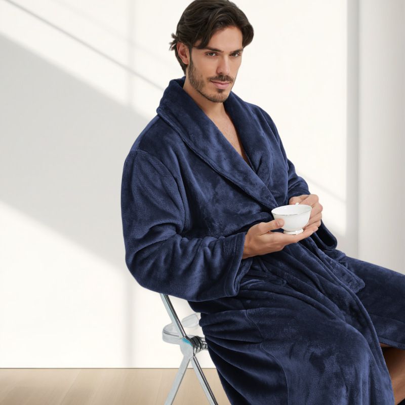 Men's Flannel Bathrobe blue M Size - Soft Coral Fleece Hooded Kimono Collar view 2