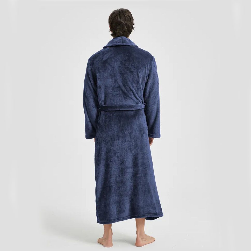 Men's Flannel Bathrobe blue M Size - Soft Coral Fleece Hooded Kimono Collar view 3