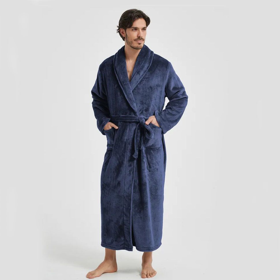 Men's Flannel Bathrobe blue XXL Size - Soft Coral Fleece Hooded Kimono Collar view 4