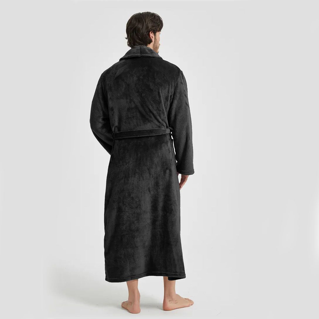 Men's Flannel Bathrobe Black M Size - Soft Coral Fleece Hooded Kimono Collar view 3