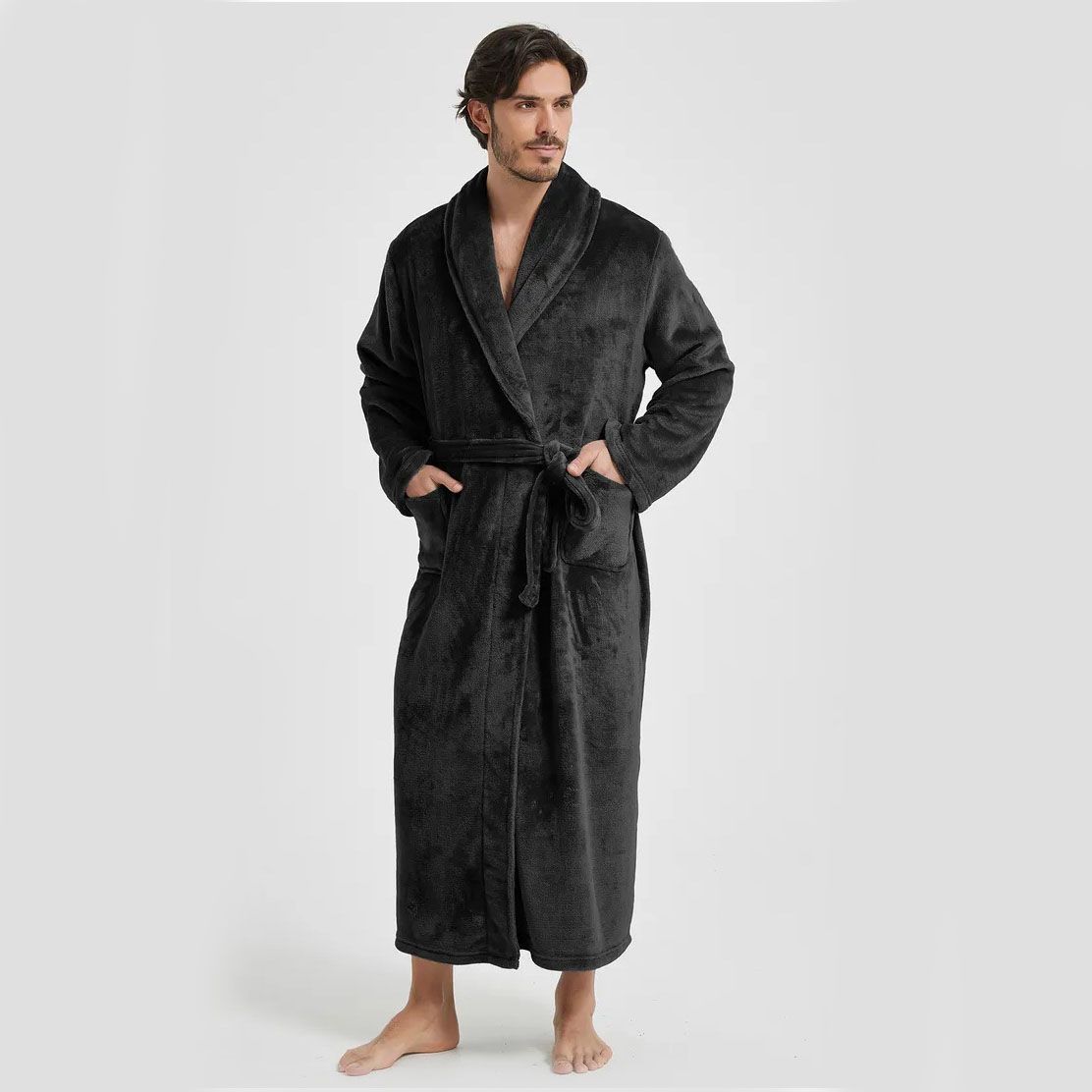 Men's Flannel Bathrobe Black L Size - Soft Coral Fleece Hooded Kimono Collar view 5