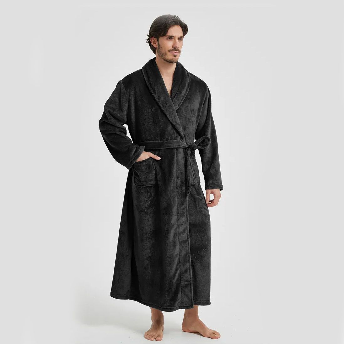 Men's Flannel Bathrobe Black XXL Size - Soft Coral Fleece Hooded Kimono Collar view 2