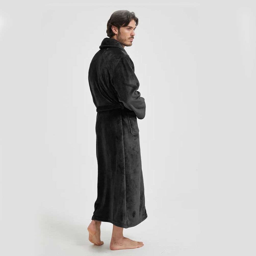 Men's Flannel Bathrobe Black XXL Size - Soft Coral Fleece Hooded Kimono Collar view 4