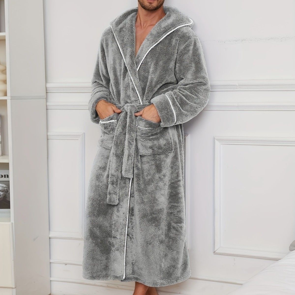 Men's Plush Fleece Hooded Bathrobe Grey M Size Shawl Collar Dressing Gown view 4