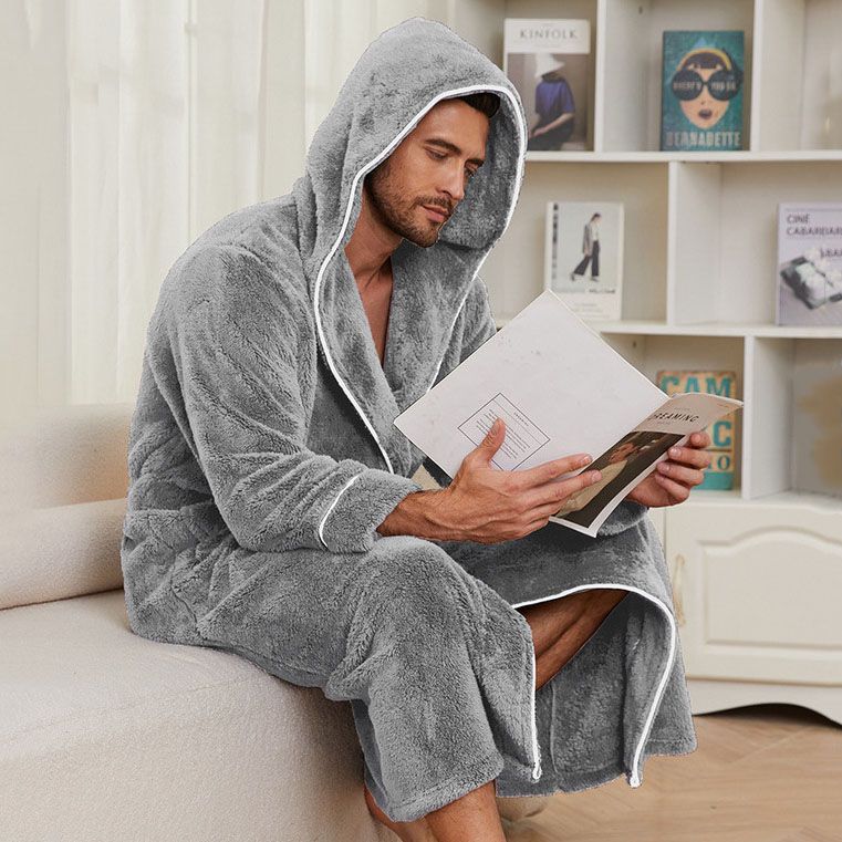 Men's Plush Fleece Hooded Bathrobe Grey L Size Shawl Collar Dressing Gown view 3
