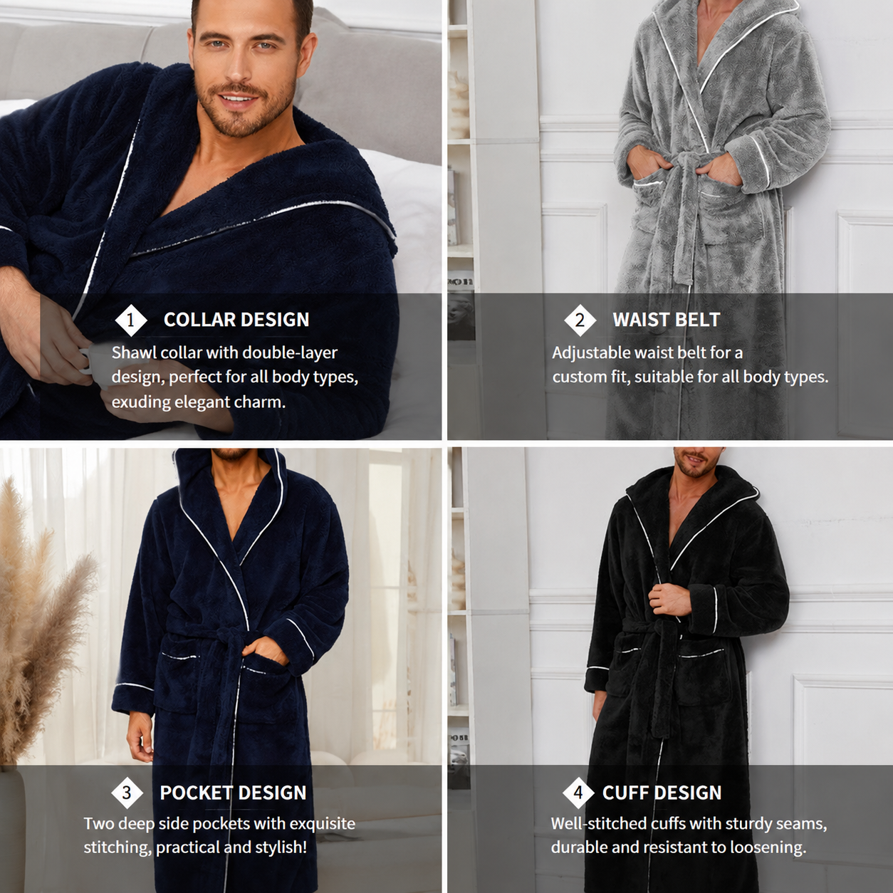 Men's Plush Fleece Hooded Bathrobe Grey XL Size Shawl Collar Dressing Gown view 5