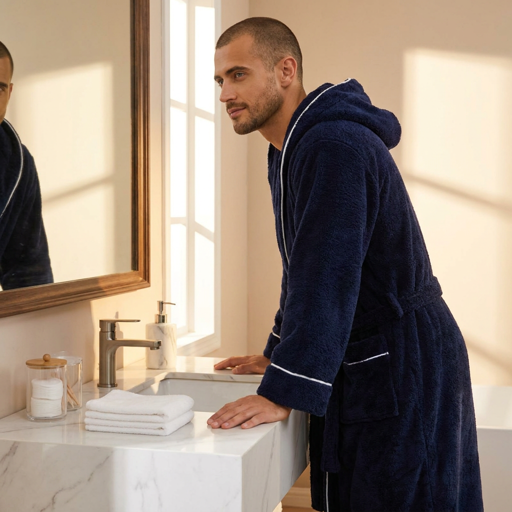 Men's Plush Fleece Hooded Bathrobe Blue M Size Shawl Collar Dressing Gown view 2