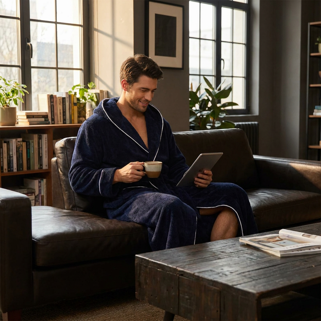 Men's Plush Fleece Hooded Bathrobe Blue L Size Shawl Collar Dressing Gown view 3