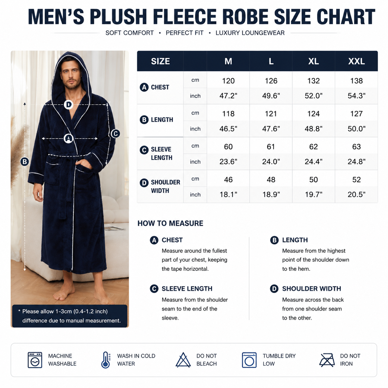 Men's Plush Fleece Hooded Bathrobe Blue XL Size Shawl Collar Dressing Gown view 5