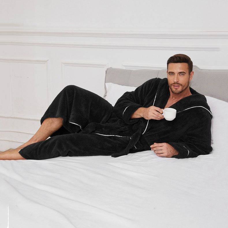 Men's Plush Fleece Hooded Bathrobe Black M Size Shawl Collar Dressing Gown view 3