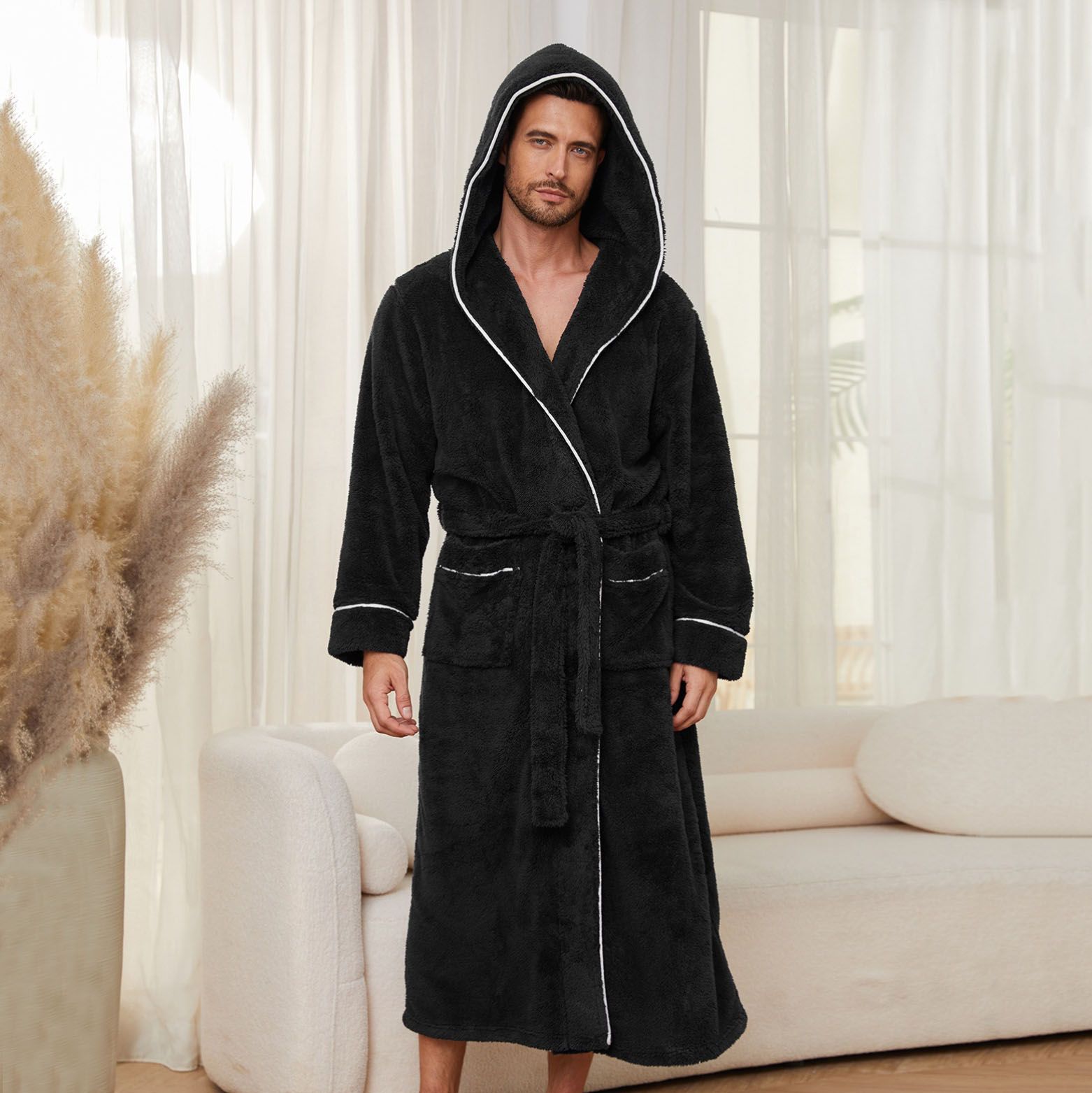 Men's Plush Fleece Hooded Bathrobe Black XL Size Shawl Collar Dressing Gown view 2