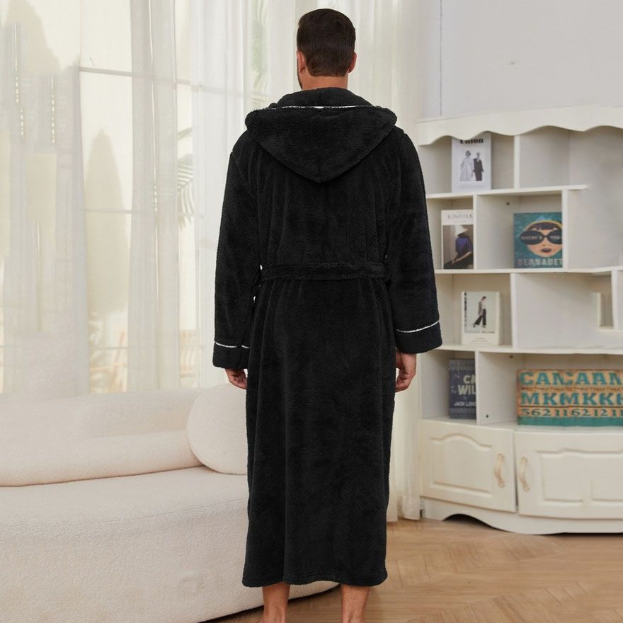 Men's Plush Fleece Hooded Bathrobe Black XL Size Shawl Collar Dressing Gown view 4