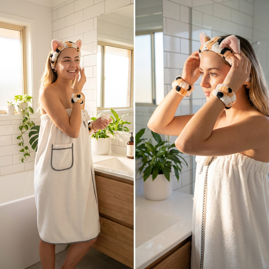 4PCS Spa Set Bath Wrap White bath towel Black and yellow stripes Cat Ear view 3