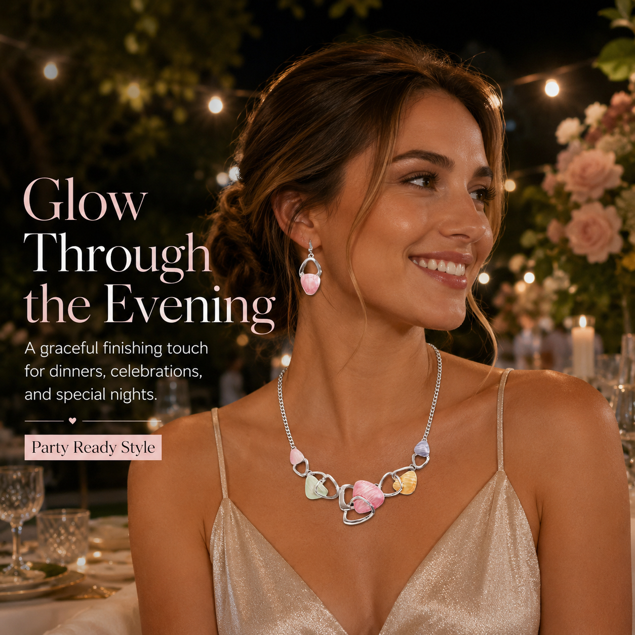 Pink Elegant Oil Drip Necklace and Earrings Set for Women view 3