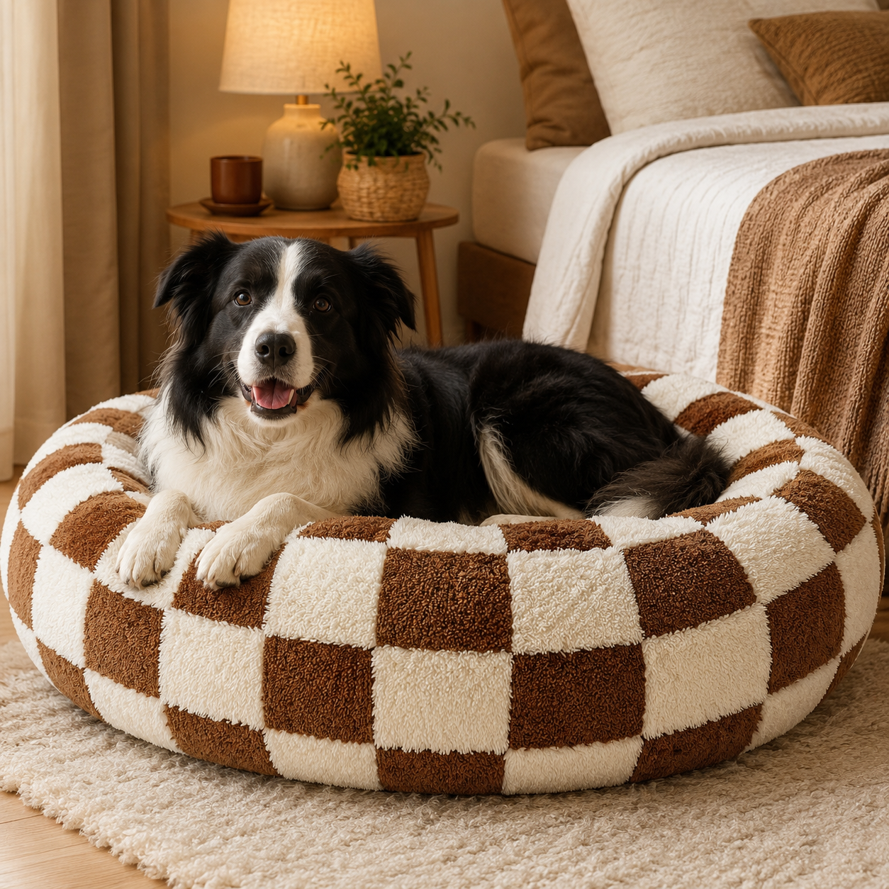 Small Medium Pet Donut Bed (Coffee plaid) -50cm outer diameter view 3