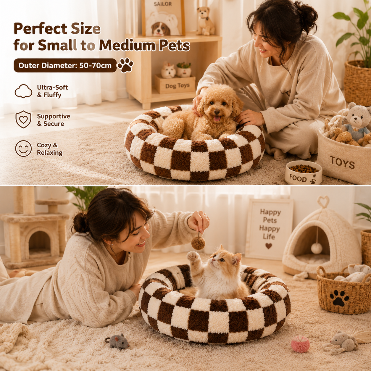 Medium Large Pet Donut Bed (Coffee plaid)-70cm outer diameter view 3
