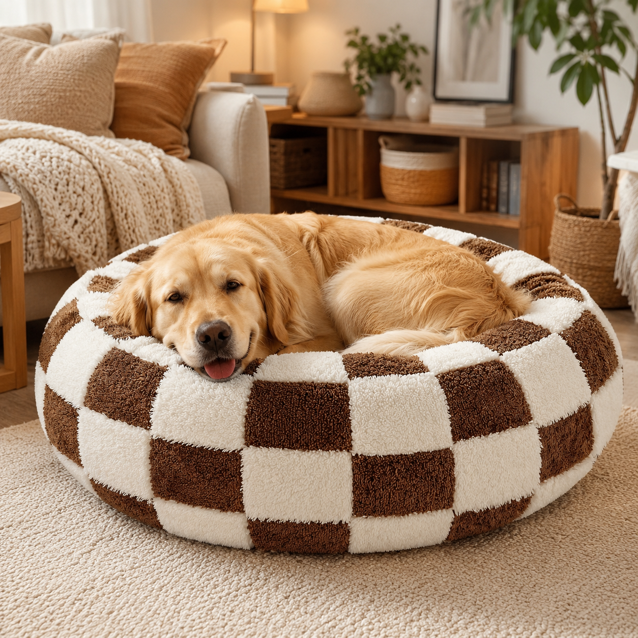 Medium Large Pet Donut Bed (Coffee plaid)-70cm outer diameter view 4