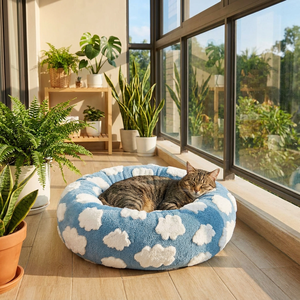 Medium Large Pet Donut Bed (Blue background with white clouds)-70cm outer diameter view 3